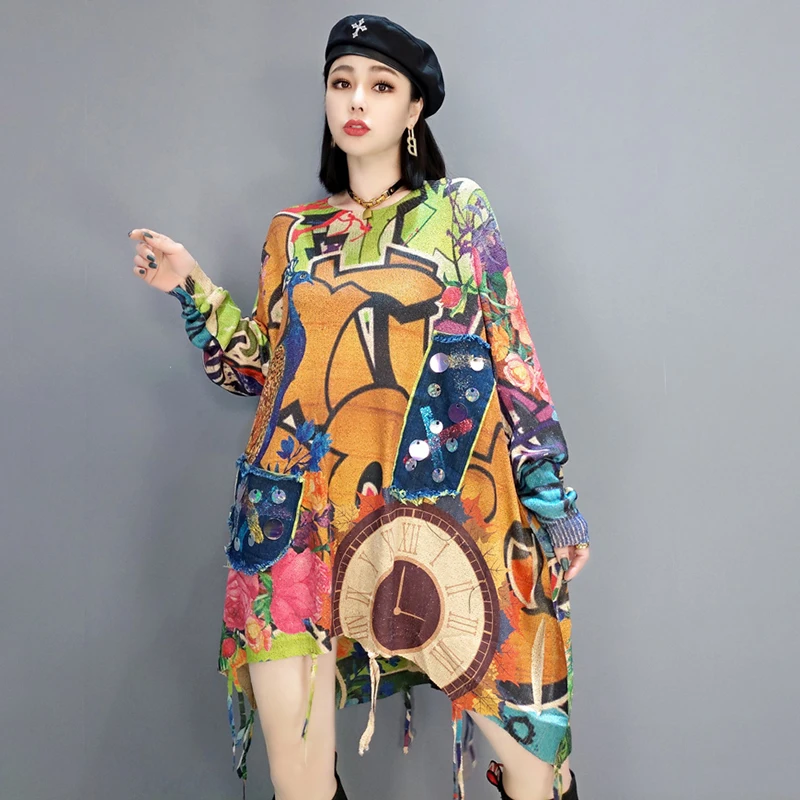 SHENGPLLAE Элегантное трикотажное платье с принтом для женщин весна 2021 новинка