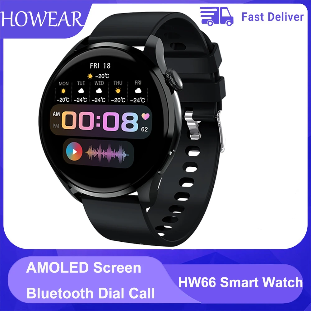 

AMOLED Screen HW66 Smart Watch Men Heart Rate Monitor Bluetooth Dial Call Waterproof For IOS Android pk huawei GT3 W66 IWO13