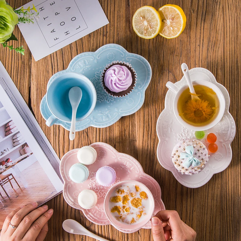 

European embossed ceramics creative cups, dishes, snacks, dishes, tableware, afternoon tea and breakfast combination set