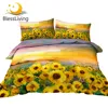 BlessLiving Sunflower Bedding Set Flowers Blossoms Duvet Cover Set Watercolor Art Bedclothes Floral Quilt Cover Twin Double 3pcs 1