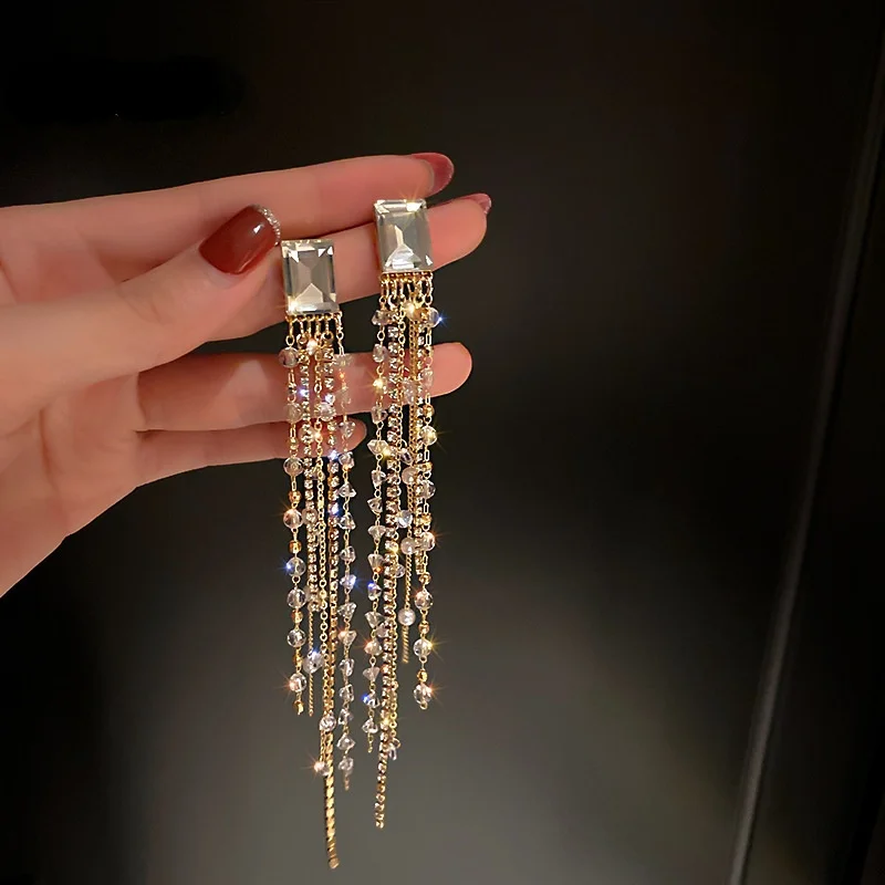 

Geometric Square Crystal Rhinestone Earrings for Women Bijoux Long Tassel White Beads Dangle Earrings Statement Jewelry