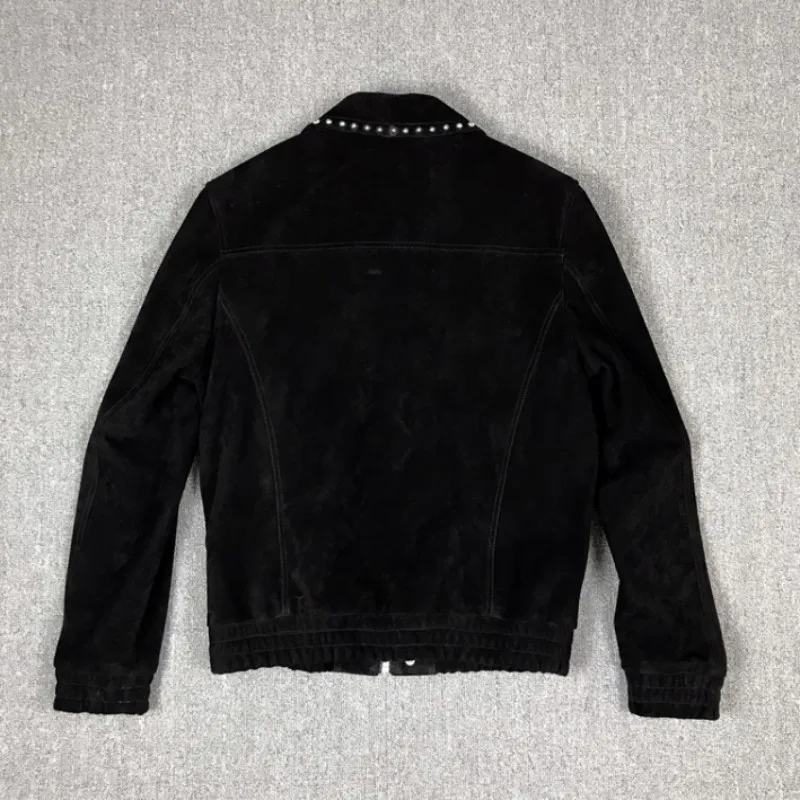 

Vintage Mens Sheep Suede Motorcycle Jacket High Quality Punk Rivets Genuine Leather Coat Long Sleeve Outerwear Bikers Jackets