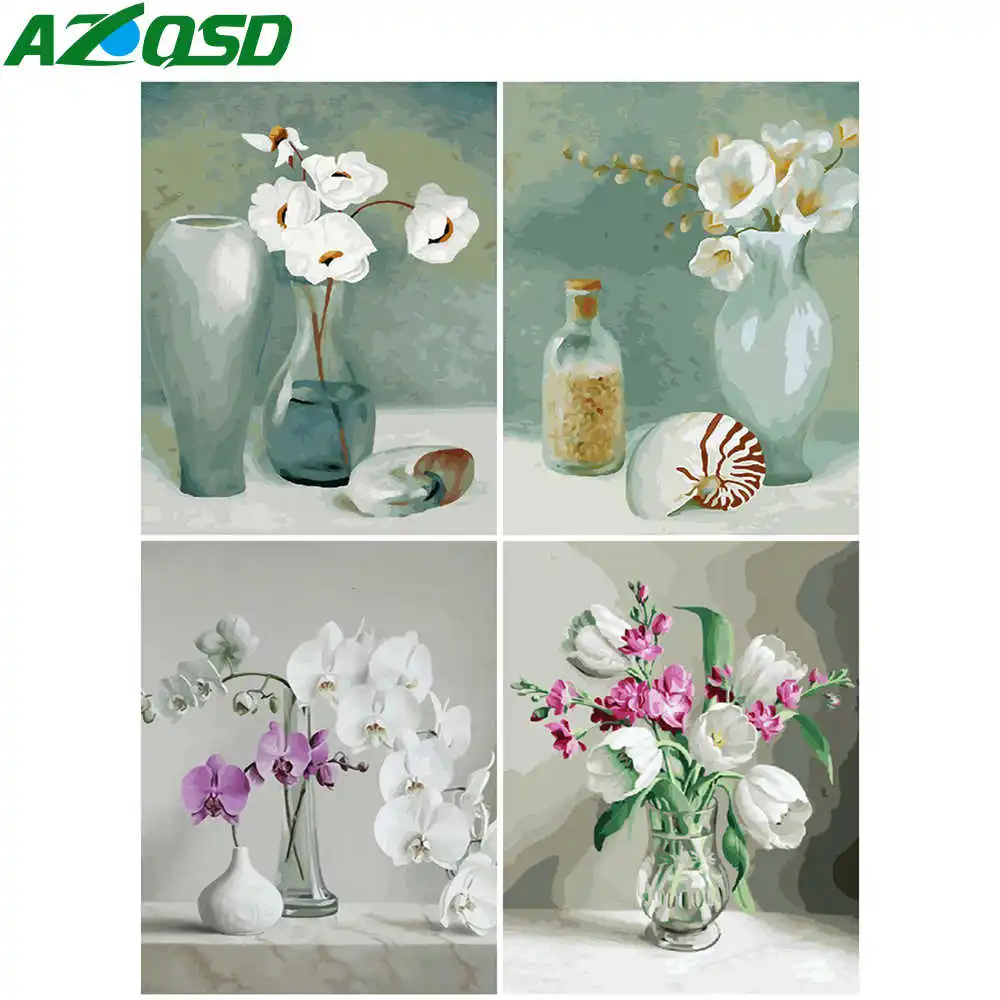 

AZQSD DIY Painting By Number Canvas Kits Flower Unframe Decor For Home Acrylic Paint Pictures By Numbers Vase Handpainted Gift