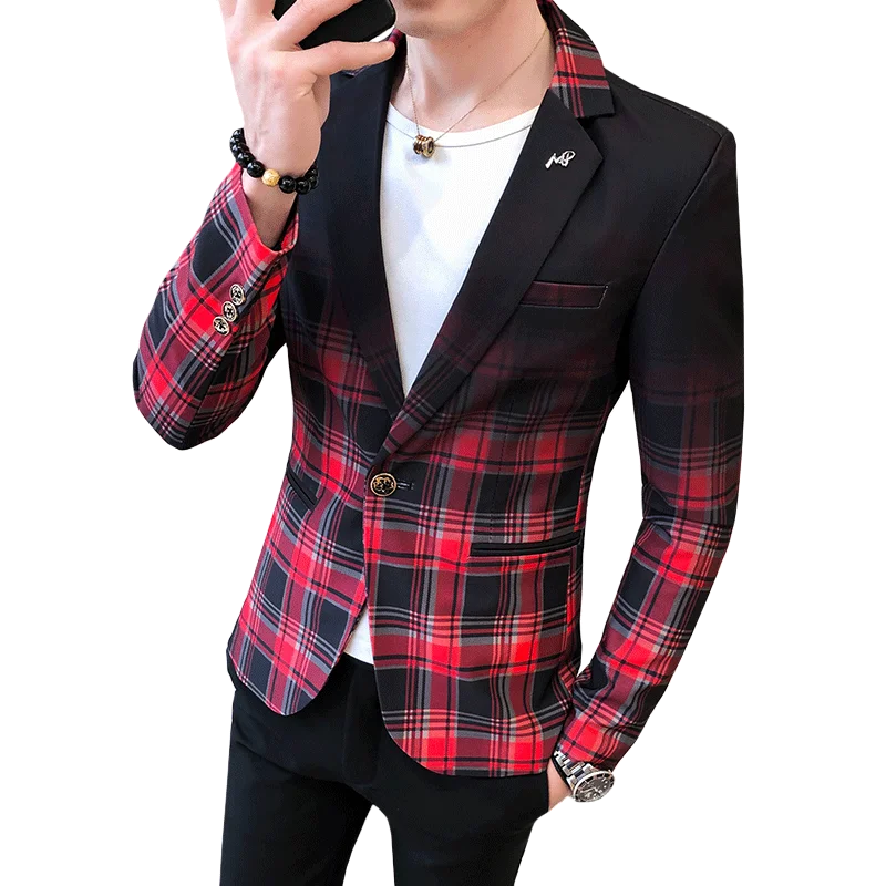 

Wedding Business Men Blazer Masculino 2020 Autumn Gradient Color Plaid Blazers Fashion Men's Slim Business Casual Dress Coat