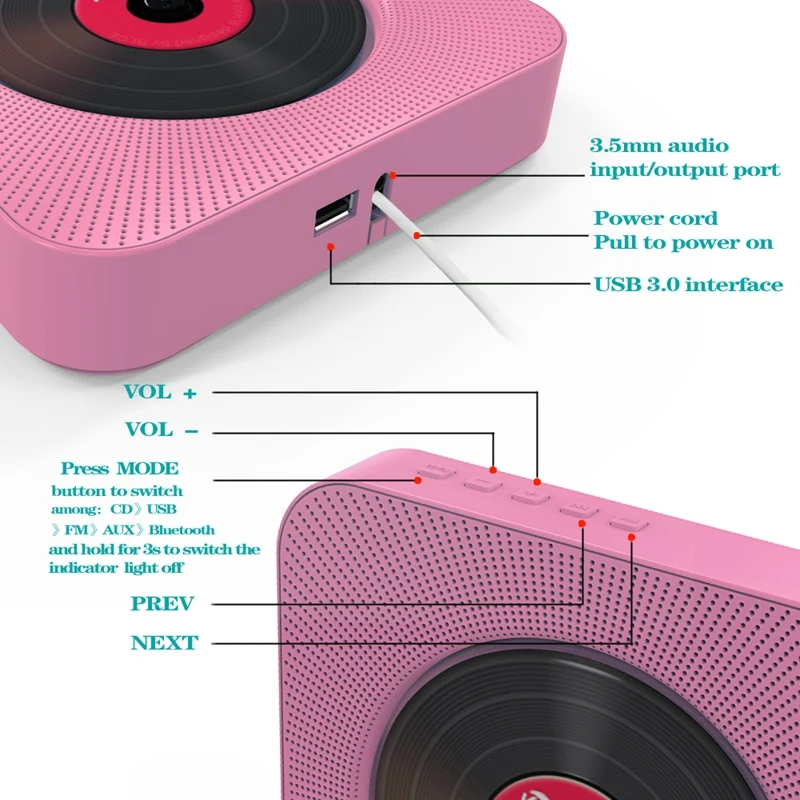 ABGN Hot-Kustron настенный Bluetooth Cd-плеер пренатальный динамик студенческий Белый