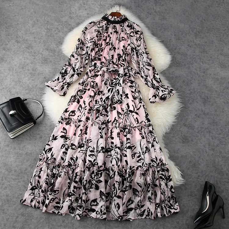 

American European women's and clothing new 2021 spring Long sleeve flared sleeve printing Fashion Pink Dress