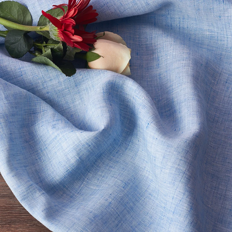 

High quality flax fabrics Light blue yarn dyed fabric Designer custom skirt dress material
