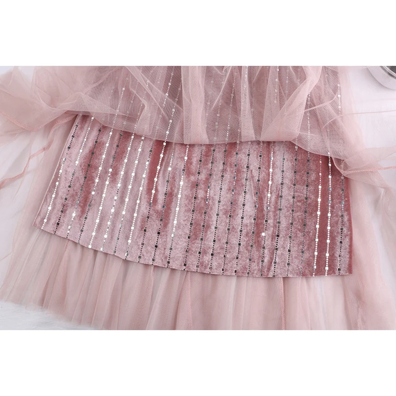 женская длинная юбка с бархатом и сеткой SURMIITRO плиссированная из тюля черного