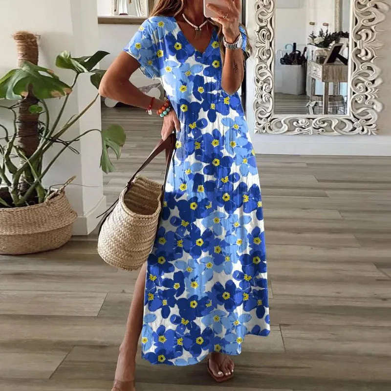 

Women Dress New Summer Fashion Printed Short Sleeve Long Dress Round Neck Loose Ladies Vestido Feminino Casual Dress Donsignet