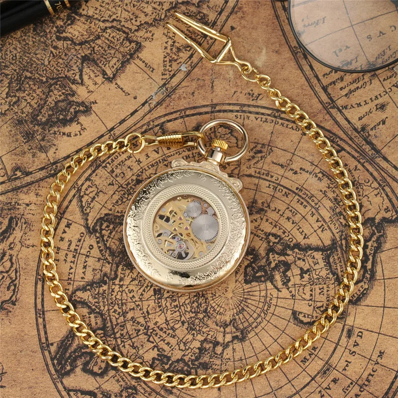 Antique Gold Men Women Hand-Wind Mechanical Pocket Watch Open Face Luminous Hands Roman Number Dial Pendant Chain Clock Gift