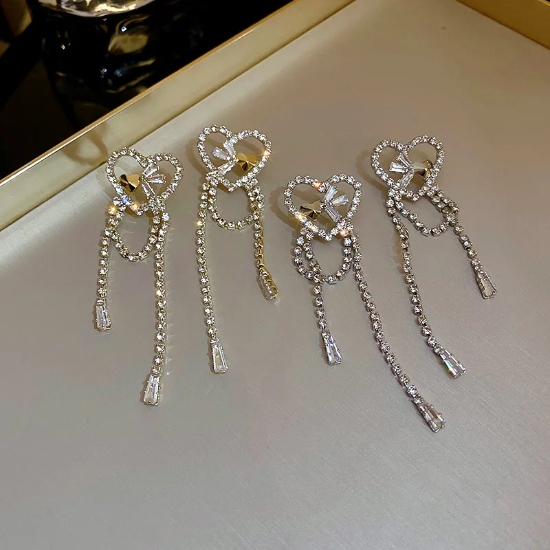 

2021 New Fashion Long Tassels Drop Earrings Contracted Sweet Heart Crystal Temperament Women Dangle Earrings Jewelry