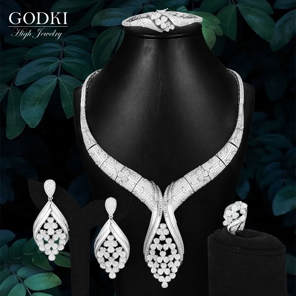 vender Godki Luxo Flor Dupla Camada Conjuntos De Jóias Para O Casamento Feminino Completo Micro Zircônia Cúbica Vestido Gargantilha Colar Brinco Conjuntos