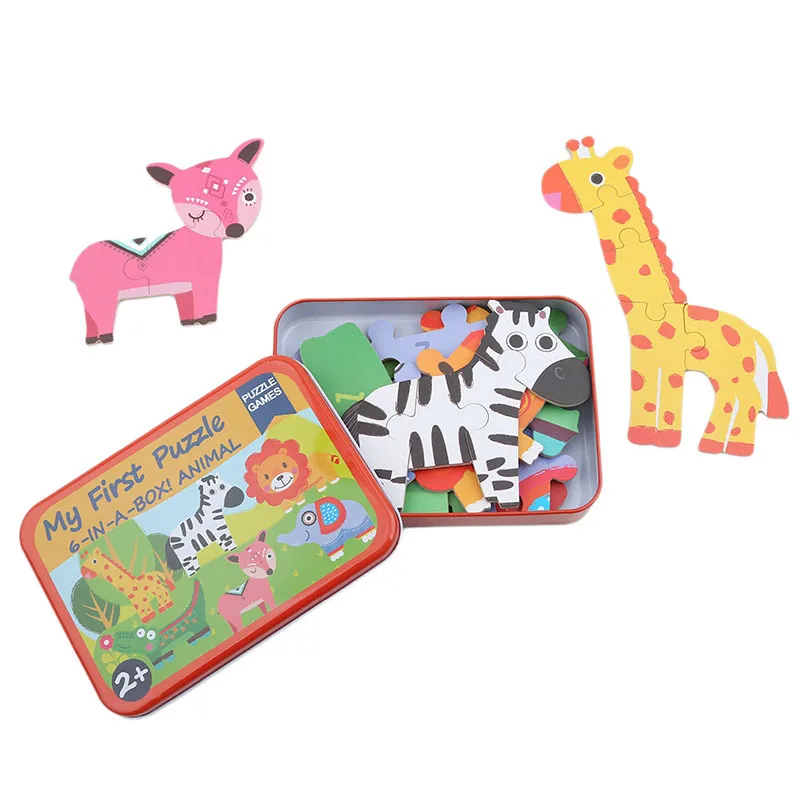 

Baby Toys 6 In 1 Iron Box Cartoon Animals Wooden Puzzle For Children Montessori Early Educational Toys Gifts For Kids