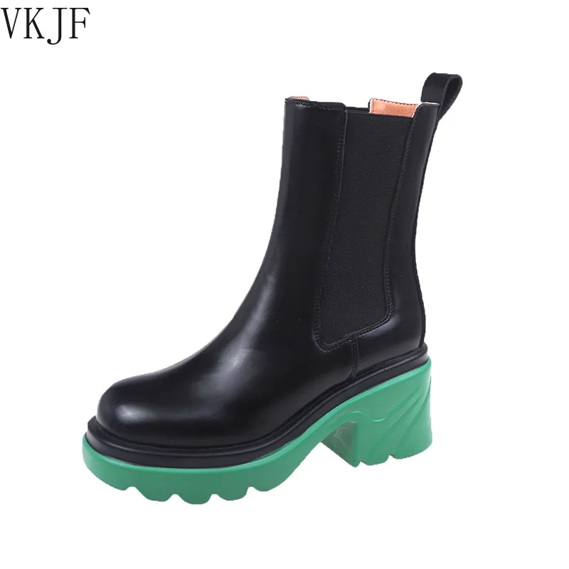 

Fashion Boots Platform Genuine Leather Round Toe Mixed Colors Chunky Heels Slim Shoes Woman Elastic Band Ankle Boots
