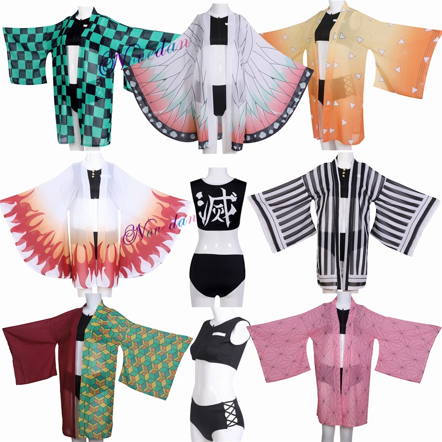 Anime Demon Slayer Swimsuit Bikini With Kimono Cover Up Women Nezuko Shinobu Cosplay Kimetsu No Yaiba Swimwear Sexy Bathing Suit