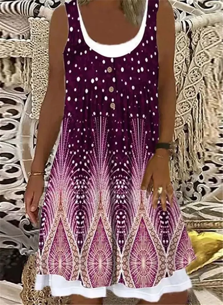 

Women Elegant round Collar Party Dress 2021 Summer Casual Sleeveless Tank Loose Dress Female Vintage Floral Print A-Line Dress