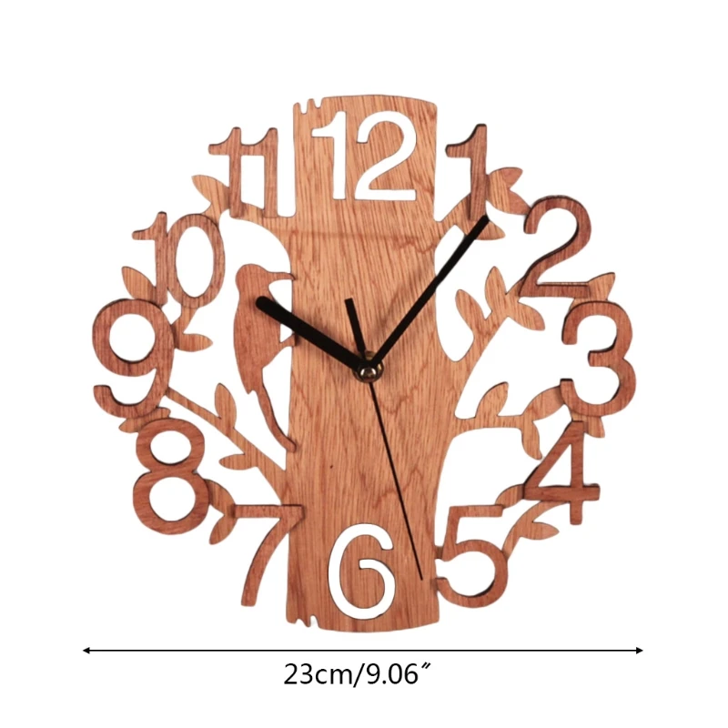 Q9QF Wooden Tree Shape Wall Clock Hanging DIY Round Watches Battery Operated for Office Living Room Home Decoration Supplies