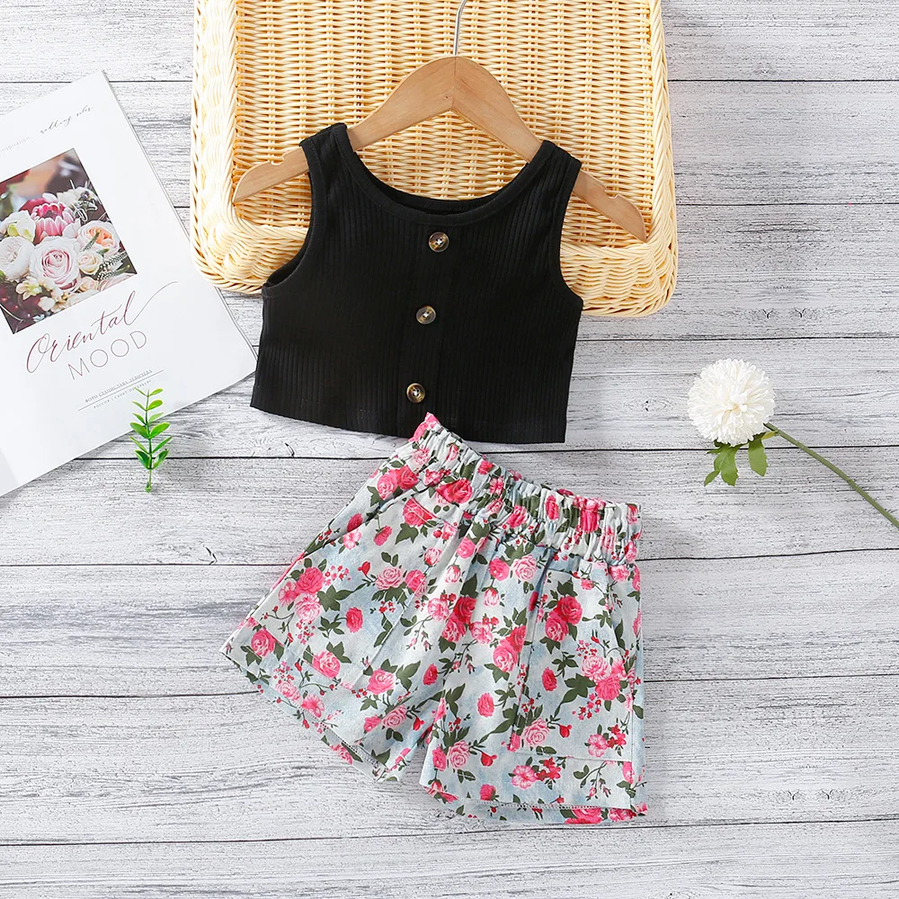 

2021 Summer New Children's Clothing 2-piece Black Vest Top + High-waist Floral Shorts Girls Clothes Set
