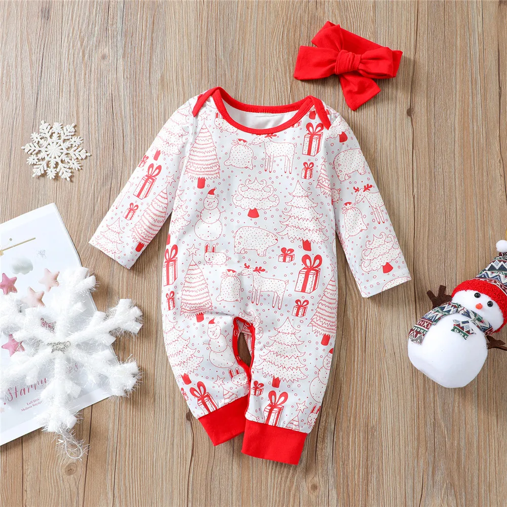 

Baby Girl Christmas Reindeer Snowman Printed Romper Headband 0-18M Newborn Infant Toddler Festival Costume Casual Jumpsuit 2021