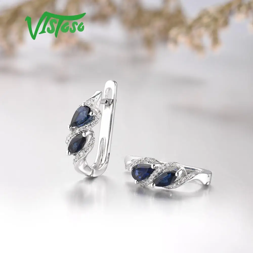 VISTOSO золотые серьги для Для женщин Чистый 14 K 585 Белое золото сверкающий синий сапфировый бриллиант Юбилей Свадебные Элегантные изысканные украшения