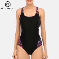 attraco women one piece sports swimsuit professional sports swimwear colorblock print beach wear bathing suit