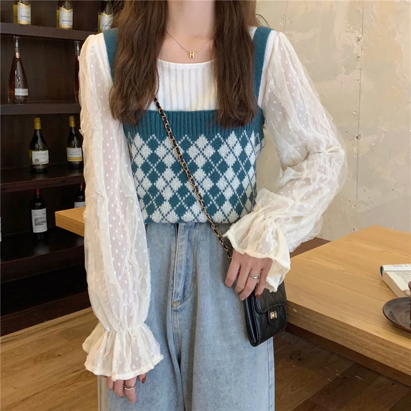 Шикарный осенний костюм из двух предметов новинка 2021 женский жилет кружевная