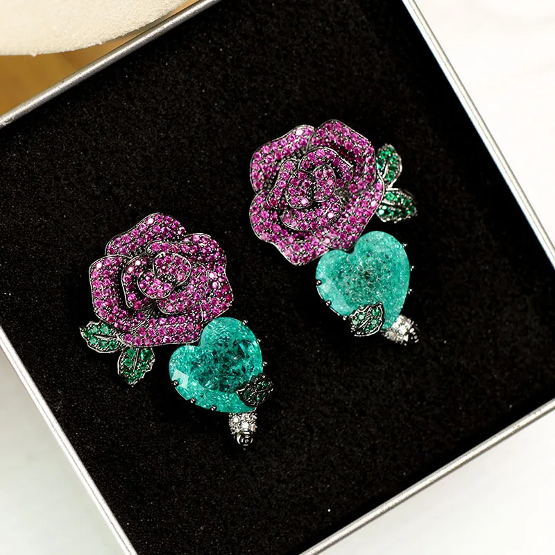 

Pink Rose Flower Black Gold Stud Earring For Women Fashion Green Heart Shpae Paraiba Gemstone Earrings Wedding Jewelry Gifts