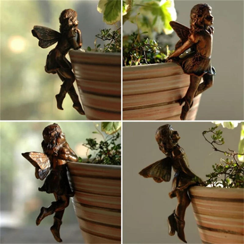 

4 PCS Girl Hanging Cup Resin Decoration Fairy Combination Flower Basket Edge Decoration Garden Design Fairy Pot Huggers
