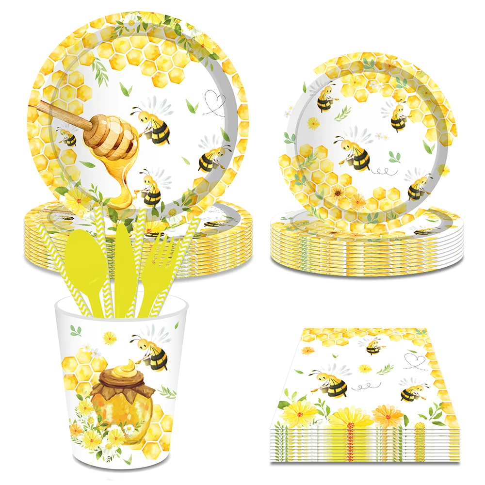 Sweet Happy Bee Day Spring Honey Baby Shower Birthday Party Favors Disposable Tableware Sets Plates Cups Napkins Decorations