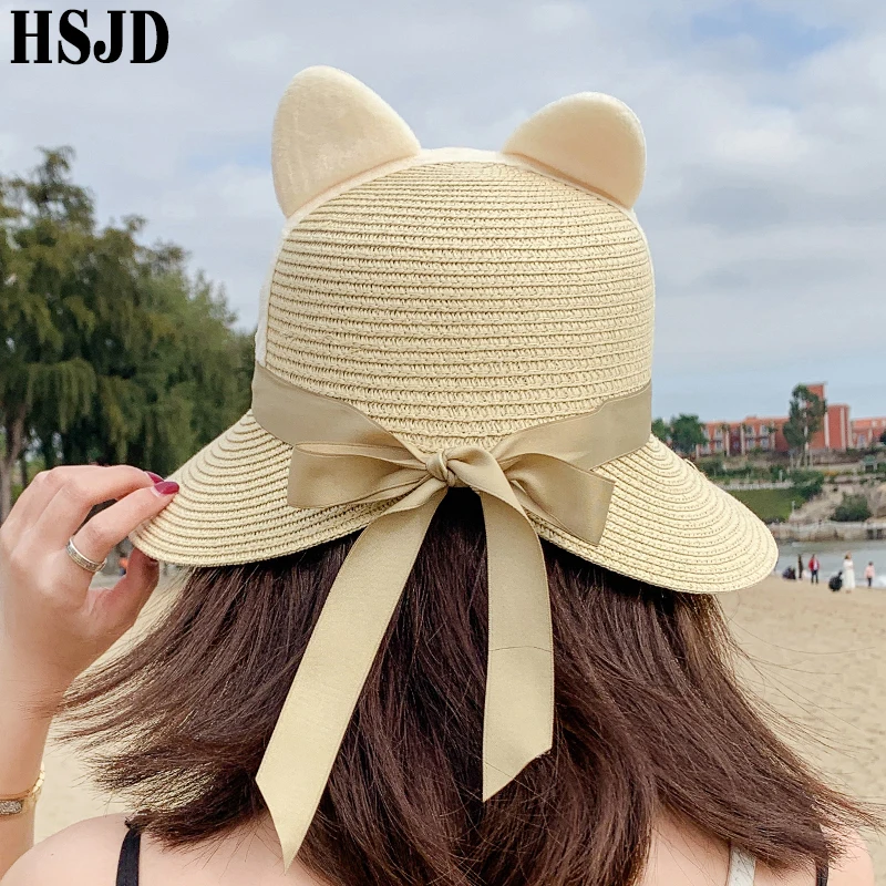 Пляжная соломенная шляпа с большими широкими полями и милыми кошачьими ушками