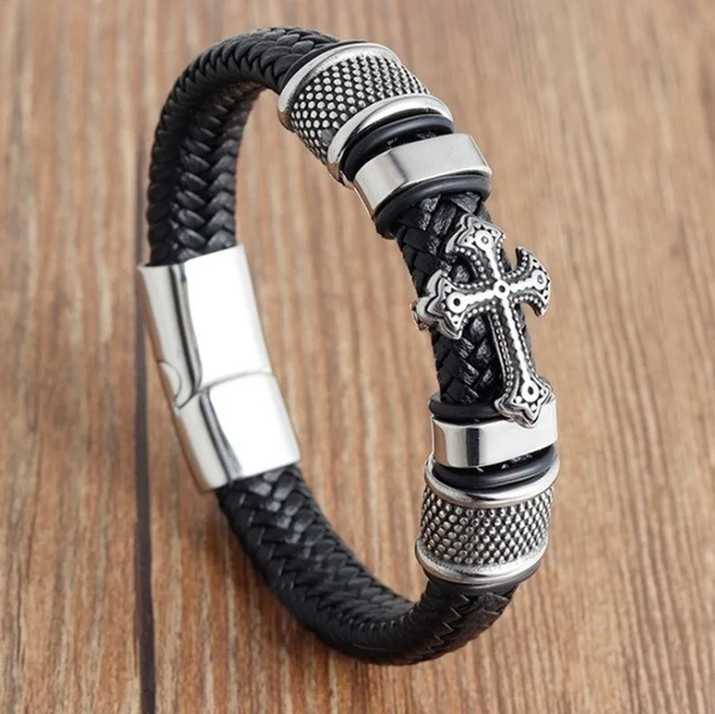 Vintage Handmade Leather Woven Cross Bracelet for Men, Adjustable Stainless Steel Leather Cord Bracelet image 2