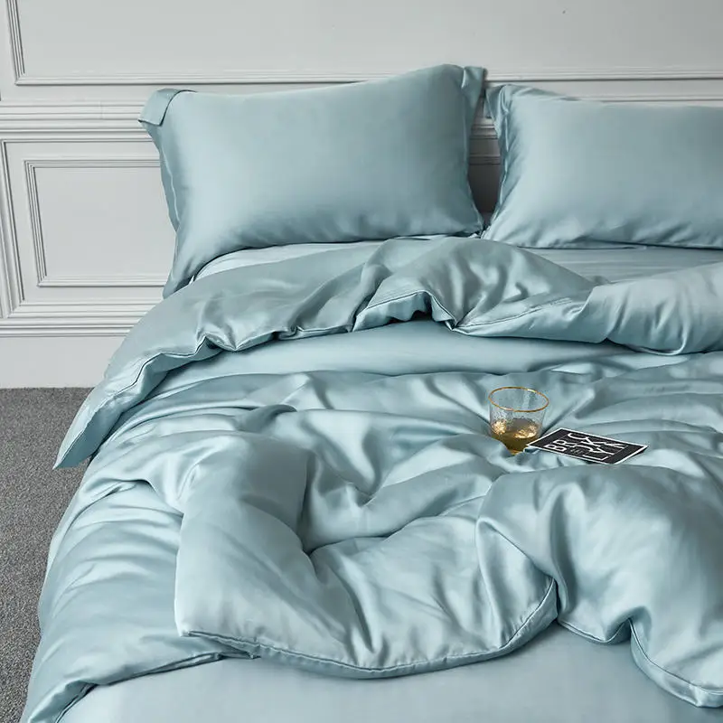 

Lofuka Luxury Women 100% Silk Bedding Set Pure Blue Silk Quilt Cover Queen King Flat Sheet Fitted Sheet Pillowcase For Sleep