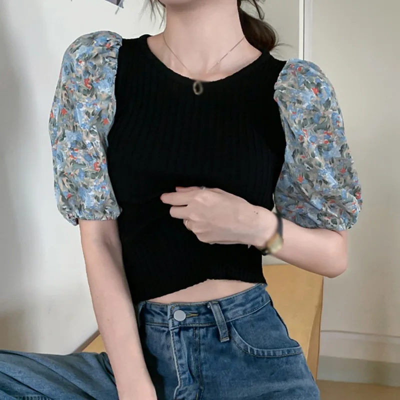 

ETOSELL Floral Print Puff Sleeve T Shirt Women Short Sleeve Knitted T Shirts Summer Streetwear Top