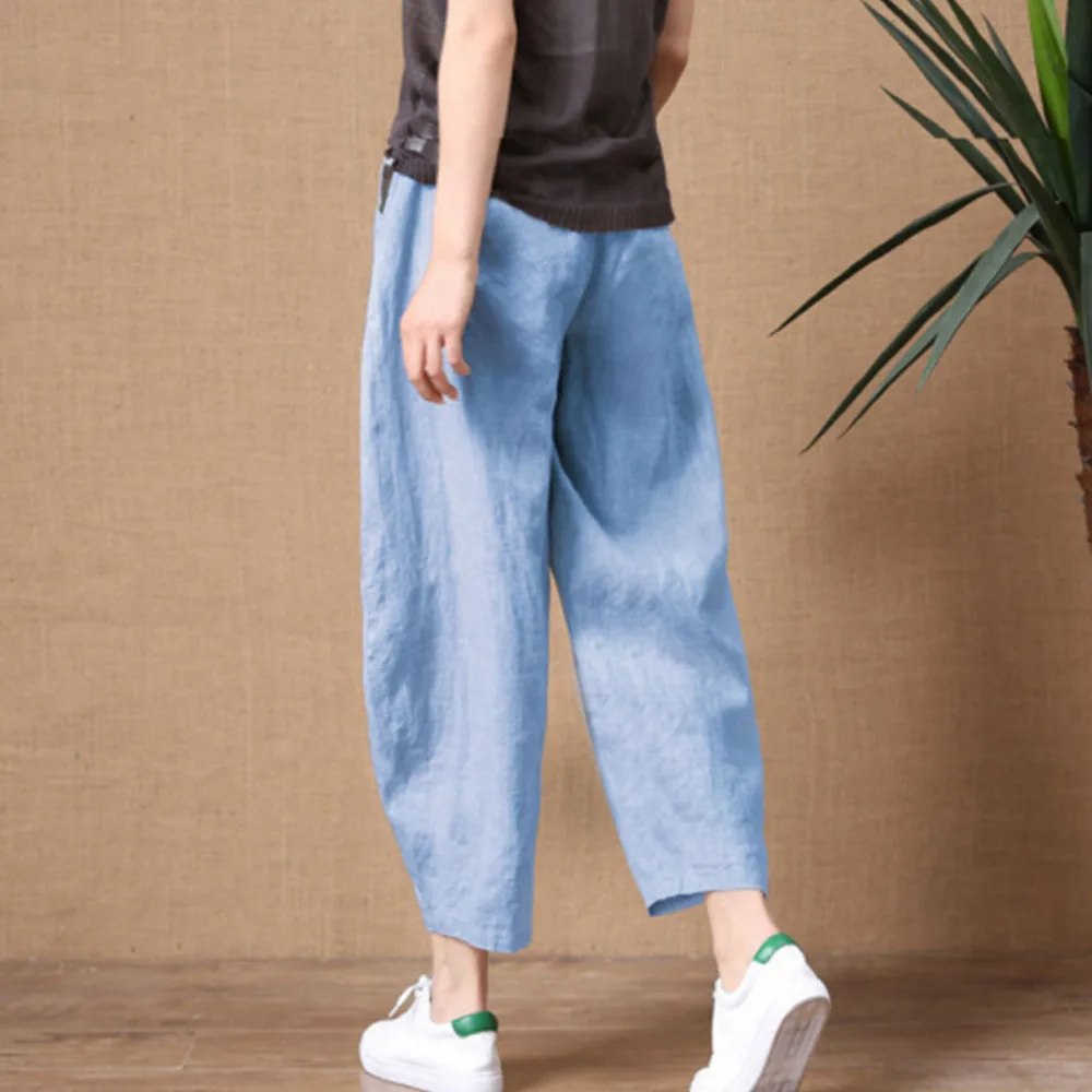 

2021 Women's Summer Ankle Length Loose Thin Fashion Comfortable Elastic Waist Wide Leg Pants Retro Casual Pants