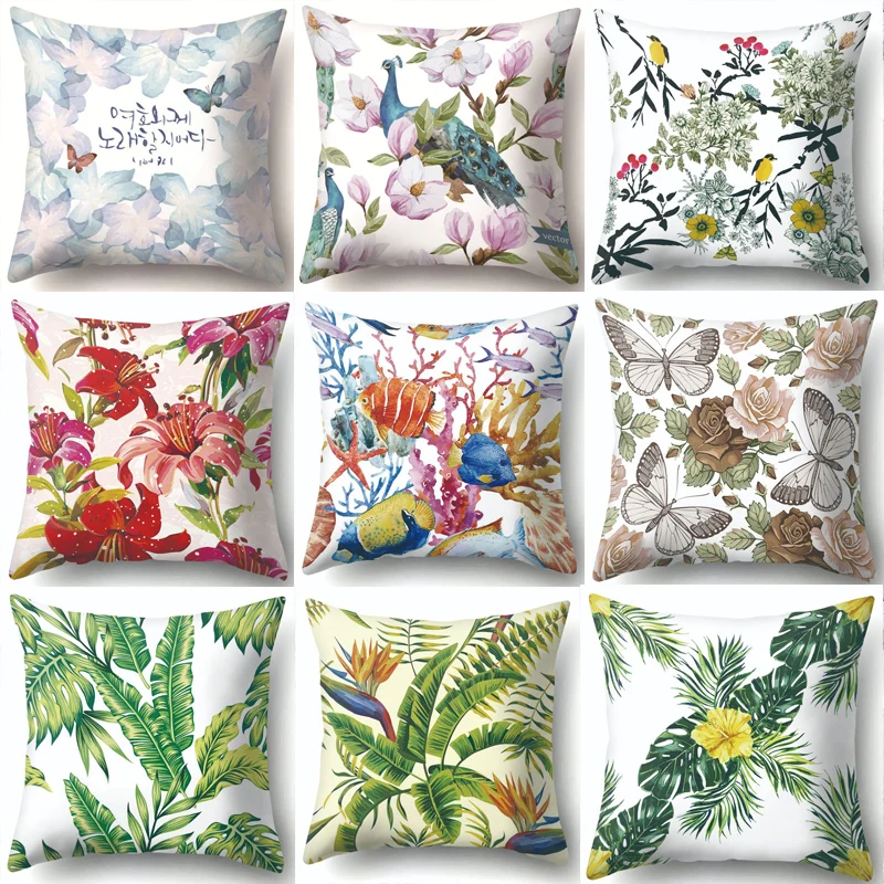 

Summer Tropical Plants Flowers Decorative Pillowcase Green Leaves Throw Pillow Case Polyester Printing Pillow Cover kussensloop