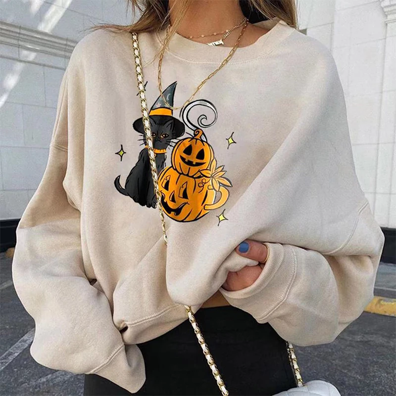 

Winter Loose O Neck Cartoon Print Sweatshirt Halloween Party Pumpkin Long Sleeve Pullover Sweatshirt Female Streetwear Top 2021