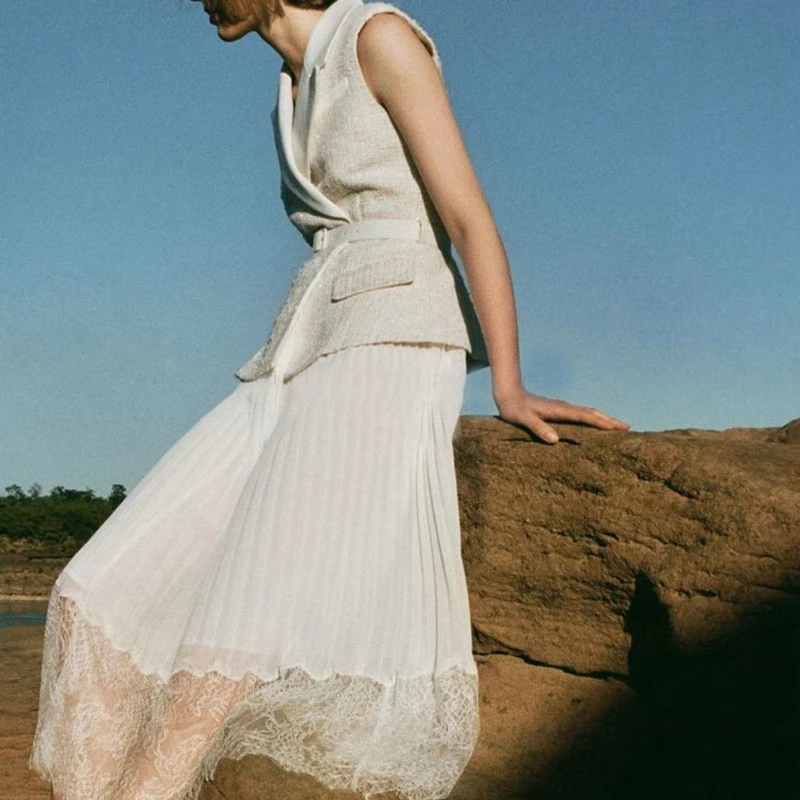 

Woman Pleated Dress Elegant 2021 White Lace Patchwork Party Dresses