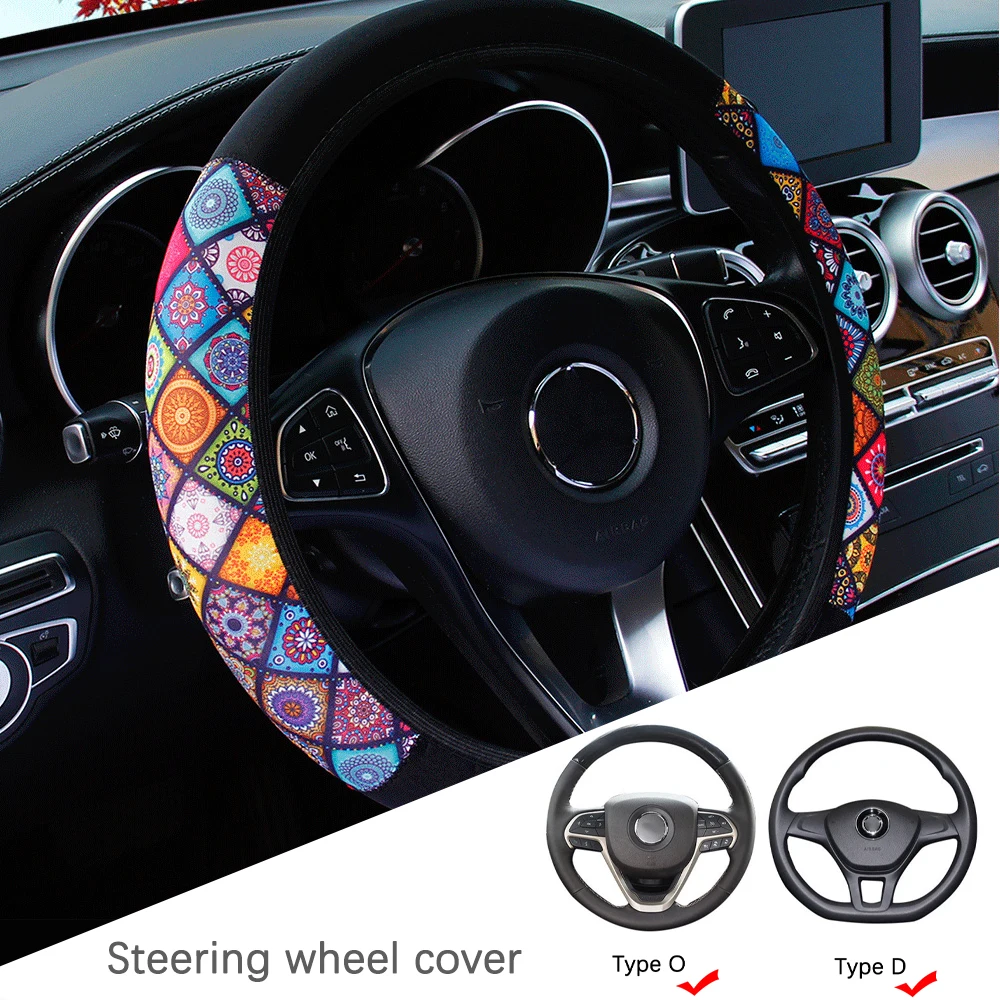 

38cm Elastic Car Steering Wheel Cover Ethnic Style Print Anti-slip Car Styling Car Steering-wheel Cover Car Interior Accessories