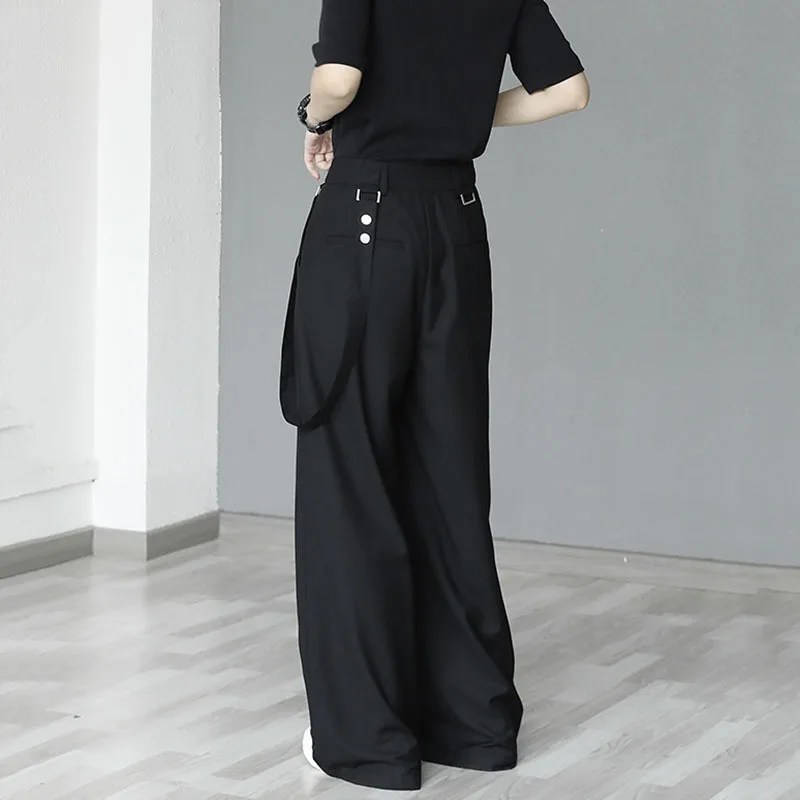 [EAM] High Waist Wide Leg Black Long Pleated Strap Trousers New Loose Pants Women Fashion Tide Spring Autumn 2021 1DD7758