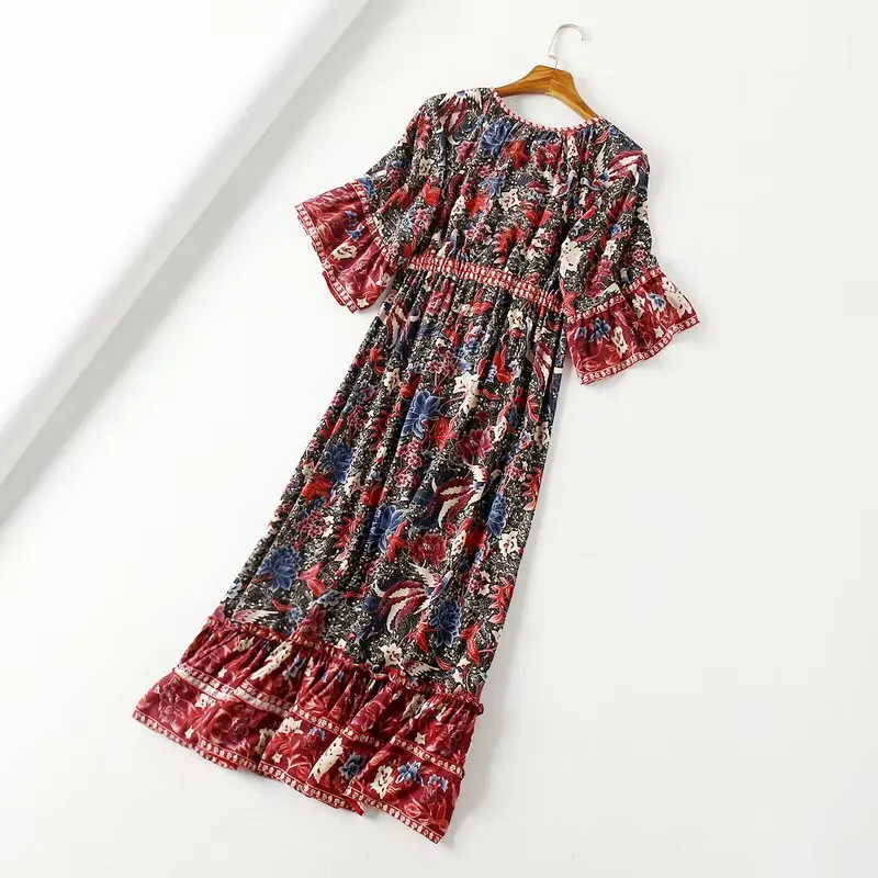 Vintage chic women birds floral print flare sleeve Bohemian rayon cotton maxi dress Ladies v-neck lace-up ruffles Boho vestidos