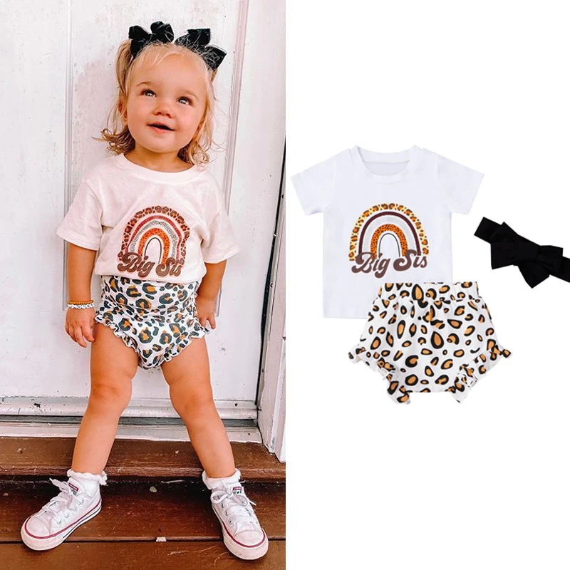 

0-24M Summer Lovely Baby Girls Boys Clothes Sets Rainbow Print Short Sleeve T Shirts Leopard Shorts Headband