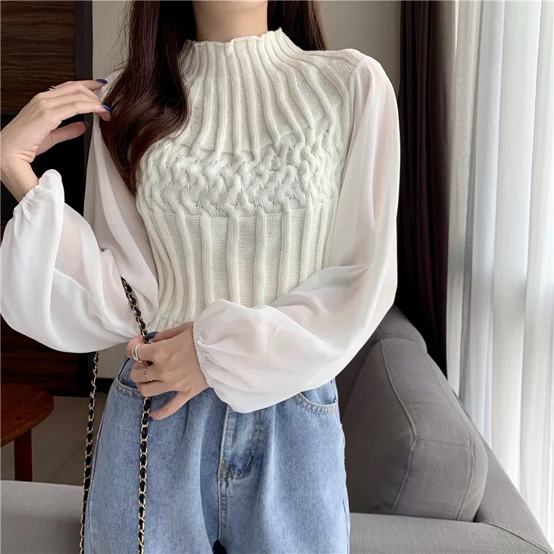 

Korean Autumn Winter Sweater Women Half Turtleneck Chiffon Sleeve Loose Pullover Sweaters knitted sweater pull femme