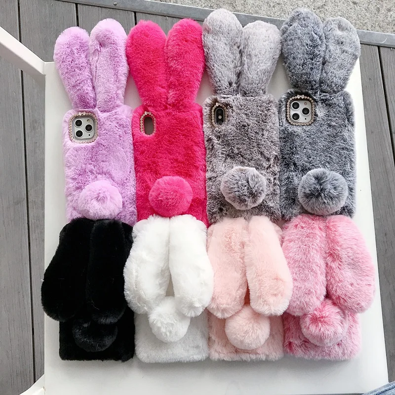 

3D Cute Rabbit Hairy Warm Fur Phone Case for IPhone SE 20 6 6S 7 8 Plus 12 11 Pro X XS Max XR Bling Rhinestone Plush Bunny Cover