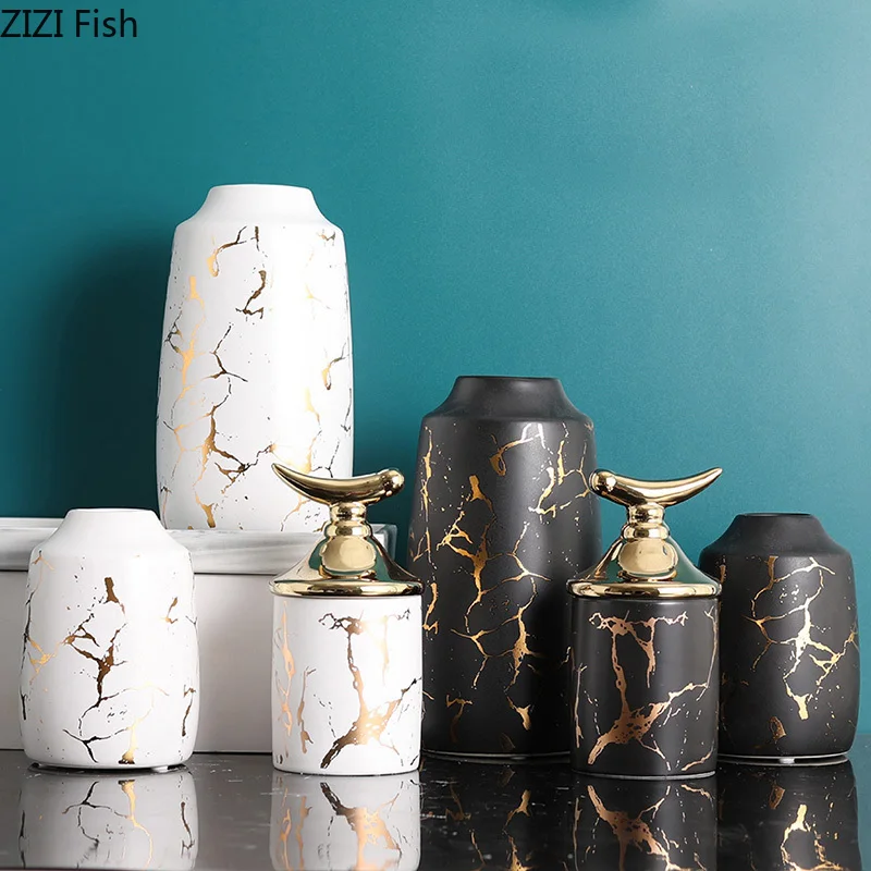 Скандинавская керамическая ваза черная Золотая мраморная текстура вазы для