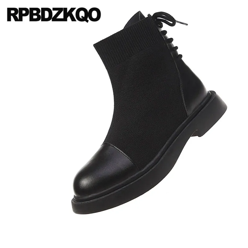 Женские ботильоны на шнуровке черные недорогие вязаные ботинки плоской подошве