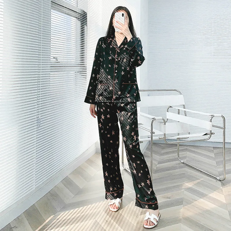 Women Stain Pajama Set Silk-like Glossy Piped Long Sleeve Top and Pants Full Printed Nightwear Ladies Homewear Loungewear