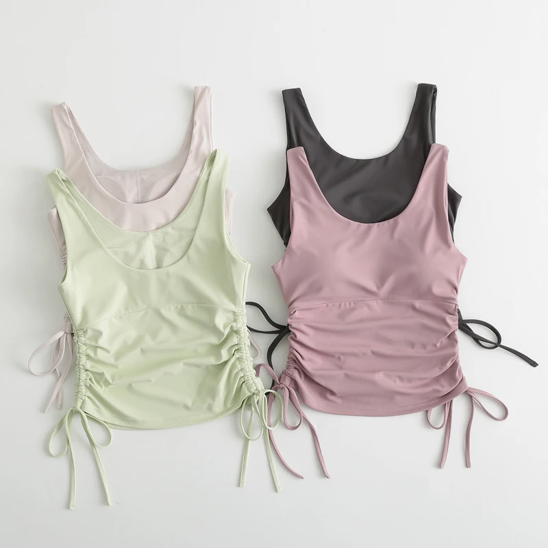 Nylon Drawstring Tank Top  Sleeveless Yoga Shirt  Women Compression Workout Top Sports Shirt with Padded Bra