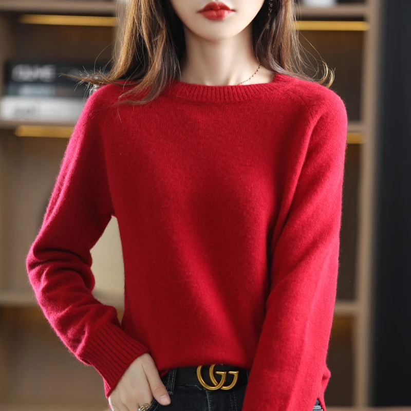 

Autumn Winter Thick Warm Pure Wool Pullover Women's Round Neck Fashion Raglan Sleeve Sweater Large Size Loose Wild Knitted Top