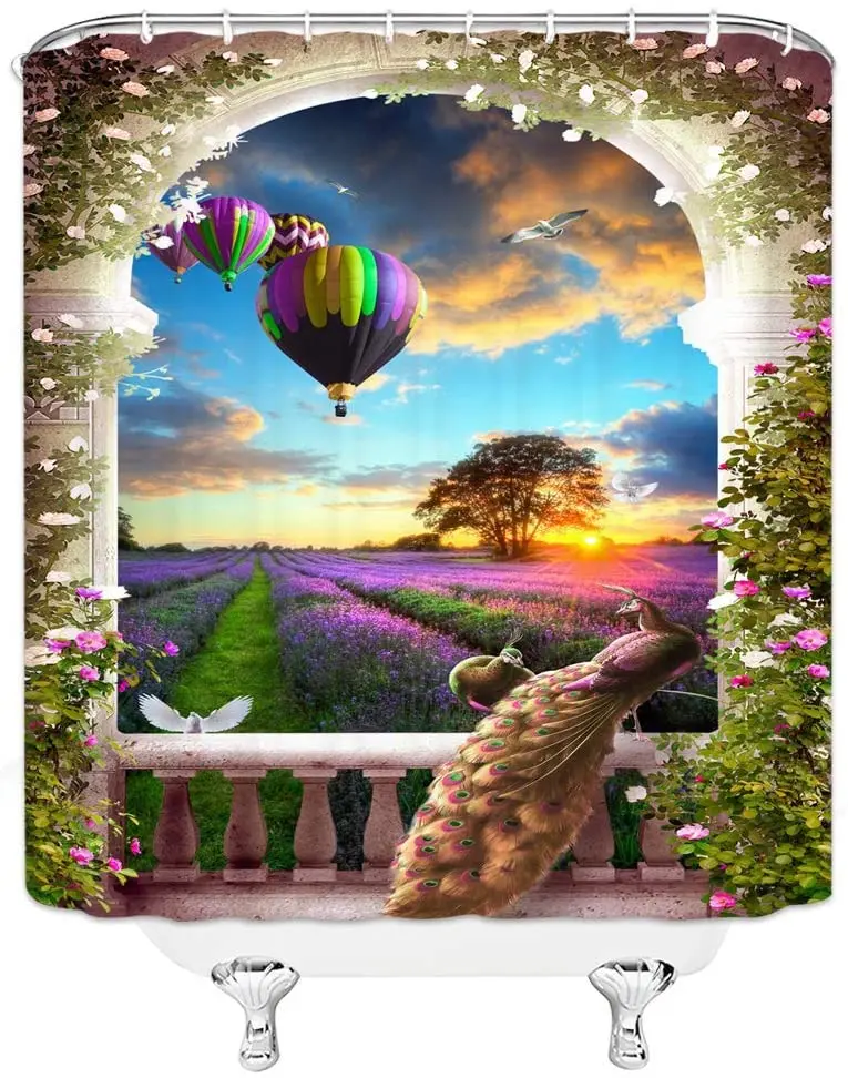 

Занавеска для душа Peacocks, винтажная каменная АРКА, фиолетовые Лавандовые поля, воздушный шар, цветок, цветочный фантазийный пейзаж, занавеск...