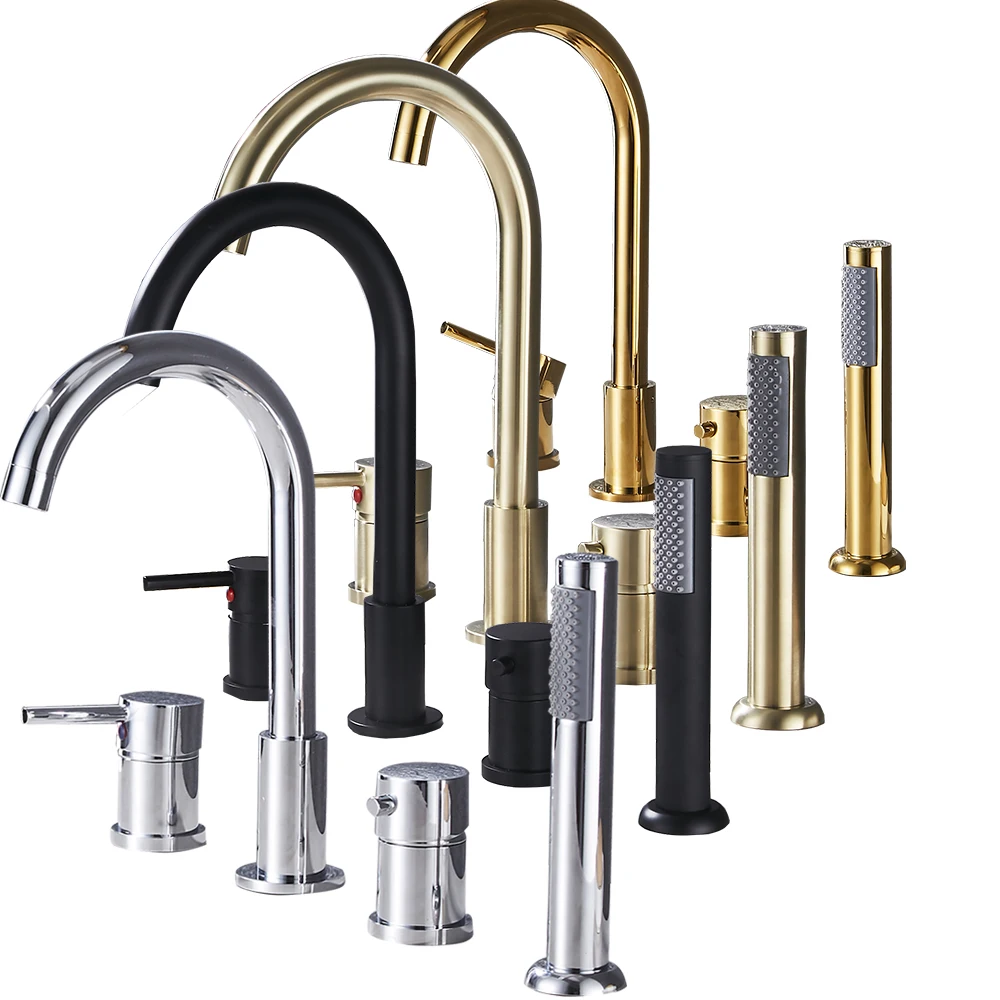 deck mount bathroom bathtub faucet set with handheld shower tub faucet hot and cold water mixer bath faucet gold bathtub tap free global shipping